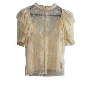 Free People Lace Blouse Mock Neck Ruffled Sheer Pale Yellow Top